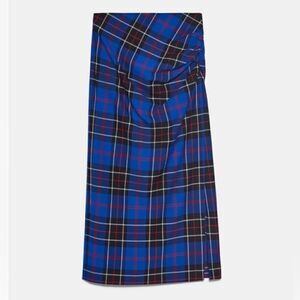 NWOT Zara Blur Plaid Midi Pencil Skirt with Ruched Wasit